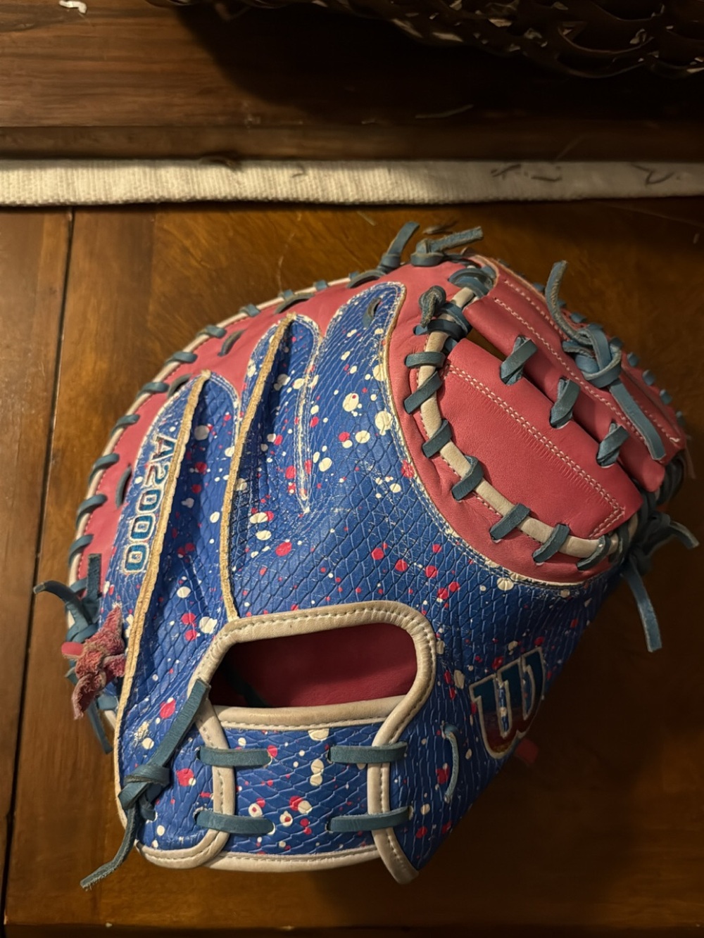 Wilson Baseball Catcher’s Mitt- Blue & Pink Paint-Splatter Design